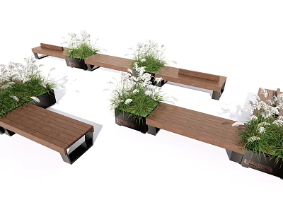 Outdoor Landscape Seats Wooden Benches With Potted White Flower Plants For Garden Park Decoration 3d model