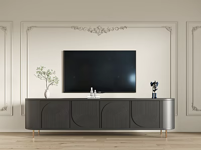 Elegant Modern Black TV Stand With Gold Legs Decorative Wall Green Plant And Ornaments 3d model