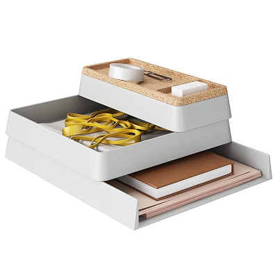 White Desk Organizer With Cork Pad White Container Clip Yellow Strings And Notebooks 3d model