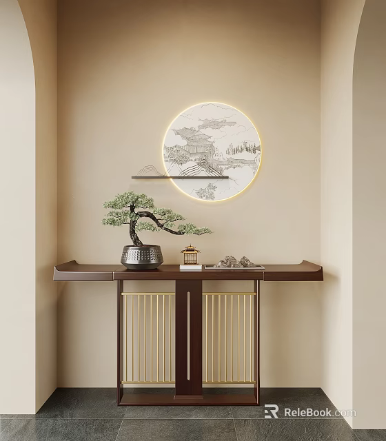 Traditional Chinese Entryway Design With Circular Landscape Painting Potted Pine And Stone Ornaments 3d model 