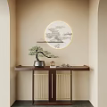 Traditional Chinese Entryway Design With Circular Landscape Painting Potted Pine And Stone Ornaments