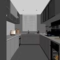 Modern Gray Kitchen Interior With Cabinets Countertop Sink Appliances And Window Blinds