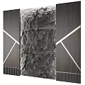 Modern Rough Stone Texture Feature Wall With Wooden Sides Cross Lines And Decorative Surface Design