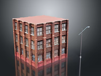 Classic Bricked Residential Building with Red Roof Multiple Windows and Street Lamp 3d model