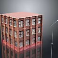 Classic Bricked Residential Building with Red Roof Multiple Windows and Street Lamp