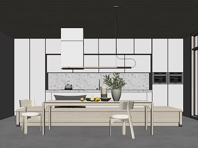 Modern Restaurant Open Kitchen Design With Island Counter Cabinets And Dining Chairs 3d model