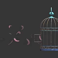 Decorative Ornament Set with Blue Metal Birdcage and Scattered Pink Feathers