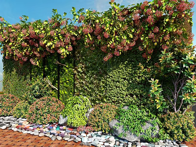 Lush Living Plant Wall With Green Vines Bushes And Decorative Pebble Border 3d model