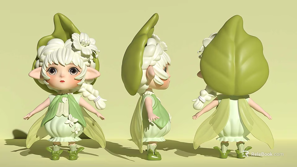 Cute Fairy Decorative Figurine Set with Green Leaf Outfits White Hair and Flower Decorations 3d model 