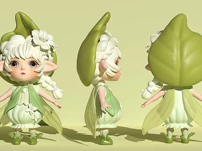 Cute Fairy Decorative Figurine Set with Green Leaf Outfits White Hair and Flower Decorations 3d model
