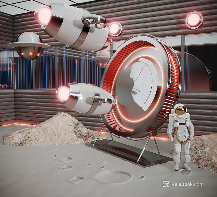 Astronaut Standing On Moon Surface With Flying Spaceships And Red Lighted Circular Structure 3d model