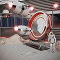 Astronaut Standing On Moon Surface With Flying Spaceships And Red Lighted Circular Structure