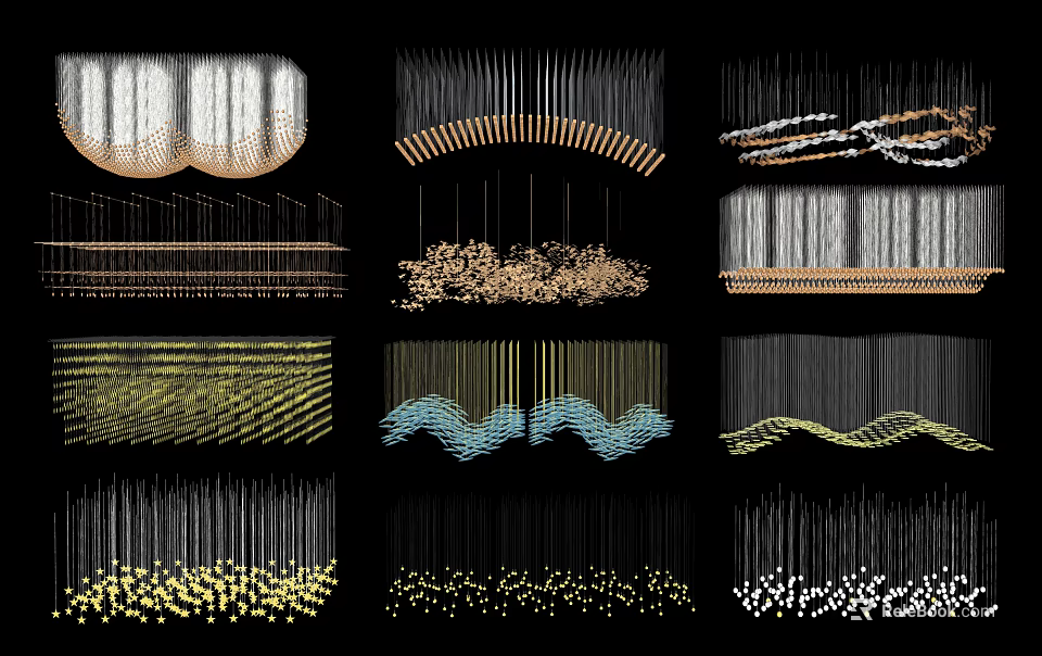 Various Decorative Lights Featuring Hanging Tassels Wave Shapes and Metallic Accents 3d model 