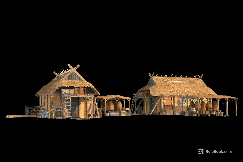 Rustic Log Cabin Exterior With Thatched Roof Wooden Structure Porch And Barrels 3d model 