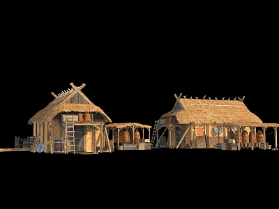 Rustic Log Cabin Exterior With Thatched Roof Wooden Structure Porch And Barrels 3d model