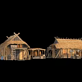 Rustic Log Cabin Exterior With Thatched Roof Wooden Structure Porch And Barrels