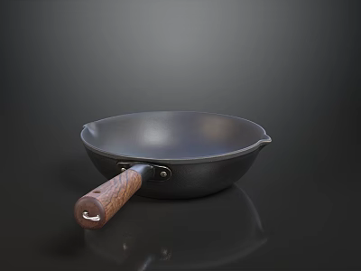 Hotpot Restaurant Essential Cast Iron Pan With Black Surface And Wooden Handle 3d model