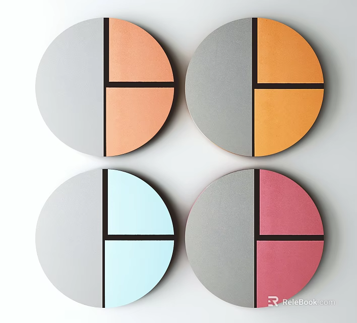 Multiple Color Segmented Circular Framed Paintings Gray Orange Light Blue Pink on White Wall 3d model 