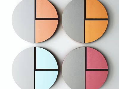 Multiple Color Segmented Circular Framed Paintings Gray Orange Light Blue Pink on White Wall 3d model
