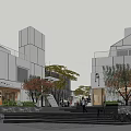 Modern Commercial Street With White Buildings Trees Steps And Evening Pedestrians