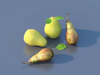 Yellow And Brown Ripe Pears With Green Leaves On Gray Surface 3d model