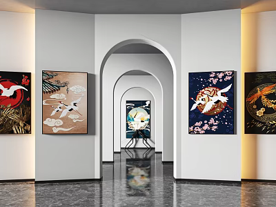 Modern Art Gallery Interior With Arched Doorways And Hanging Paintings On Walls 3d model