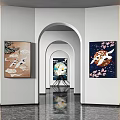 Modern Art Gallery Interior With Arched Doorways And Hanging Paintings On Walls