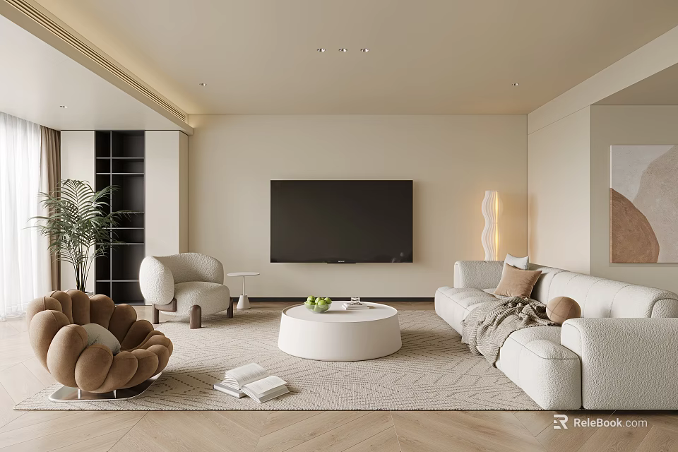 Modern Elegant Living Room Interior Design With Beige Walls White Sofa And Brown Armchair 3d model 