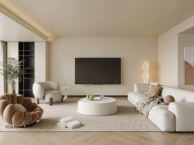 Modern Elegant Living Room Interior Design With Beige Walls White Sofa And Brown Armchair 3d model