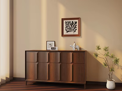 Wooden Cabinet With Framed Photo Sculpture Wall Art And Potted Plant Interior Decor 3d model