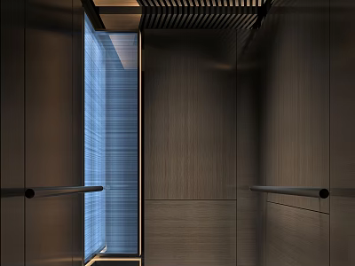 Elegant Modern Elevator Interior Design With Glass Panel Metal Finish And Warm Lighting 3d model
