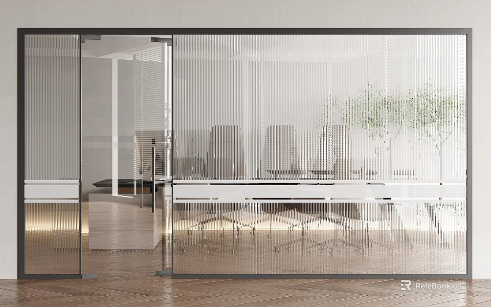 Contemporary Office Workspace With Glass Partition Vertical Stripe Design Wooden Floor And Plant 3d model 