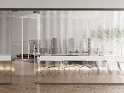 Contemporary Office Workspace With Glass Partition Vertical Stripe Design Wooden Floor And Plant 3d model