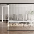Contemporary Office Workspace With Glass Partition Vertical Stripe Design Wooden Floor And Plant
