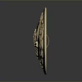 Weapon Themed Circular Golden Emblem With Decorative Patterns And Crossed Helmet Design
