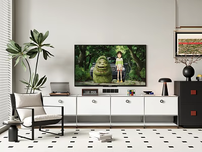 White TV Stand with TV Laptop and Decorative Items Near Armchair and Potted Plant 3d model