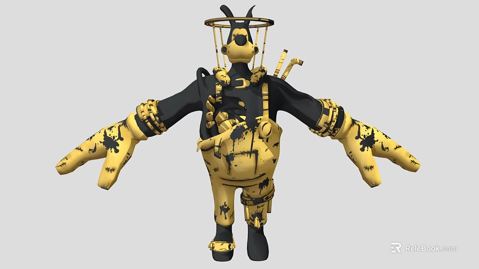 Yellow and Black Armored Man Character with Insect Headgear and Tools 3d model 