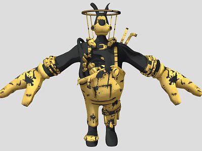 Yellow and Black Armored Man Character with Insect Headgear and Tools 3d model