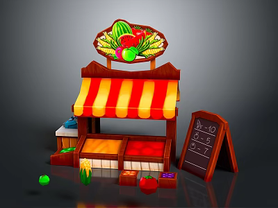 Colorful Fruit Stall With Red White Striped Awning Fresh Fruits Display And Blackboard Price Sign 3d model