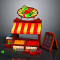 Colorful Fruit Stall With Red White Striped Awning Fresh Fruits Display And Blackboard Price Sign