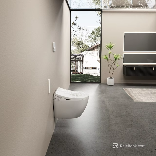 Modern Bathroom Interior Featuring Wall Mounted White Toilet And Large Window With Green View 3d model 