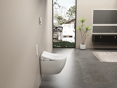 Modern Bathroom Interior Featuring Wall Mounted White Toilet And Large Window With Green View 3d model