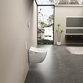 Modern Bathroom Interior Featuring Wall Mounted White Toilet And Large Window With Green View