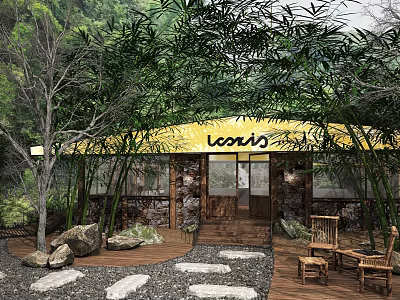 Tranquil Outdoor Cafe Featuring Yellow Awning Bamboo Stone Decorations And Wooden Steps 3d model