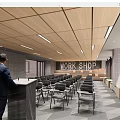 Modern Conference Room With Wooden Ceiling Linear Lights Podium Work Shop Sign And Arranged Chairs