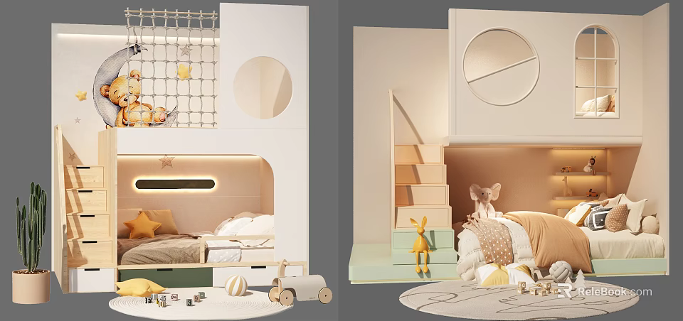 Cozy Children's Bunk Bed With Stairs Round Window Play Net And Toys 3d model 