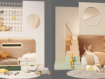 Cozy Children's Bunk Bed With Stairs Round Window Play Net And Toys 3d model