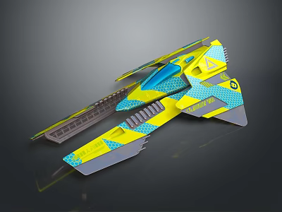 Futuristic Spaceship Model Yellow And Blue With Geometric Patterns Streamlined Wings And Detailed Structure 3d model