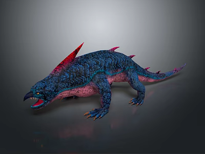 Fantasy Creature Character With Blue Skin Red Spikes Open Mouth And Pink Underbelly 3d model