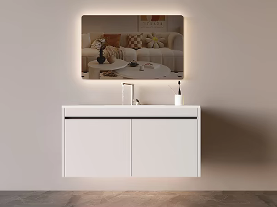 White Wall Mounted Bathroom Vanity With Backlit Mirror And Reflected Living Room Sofa 3d model